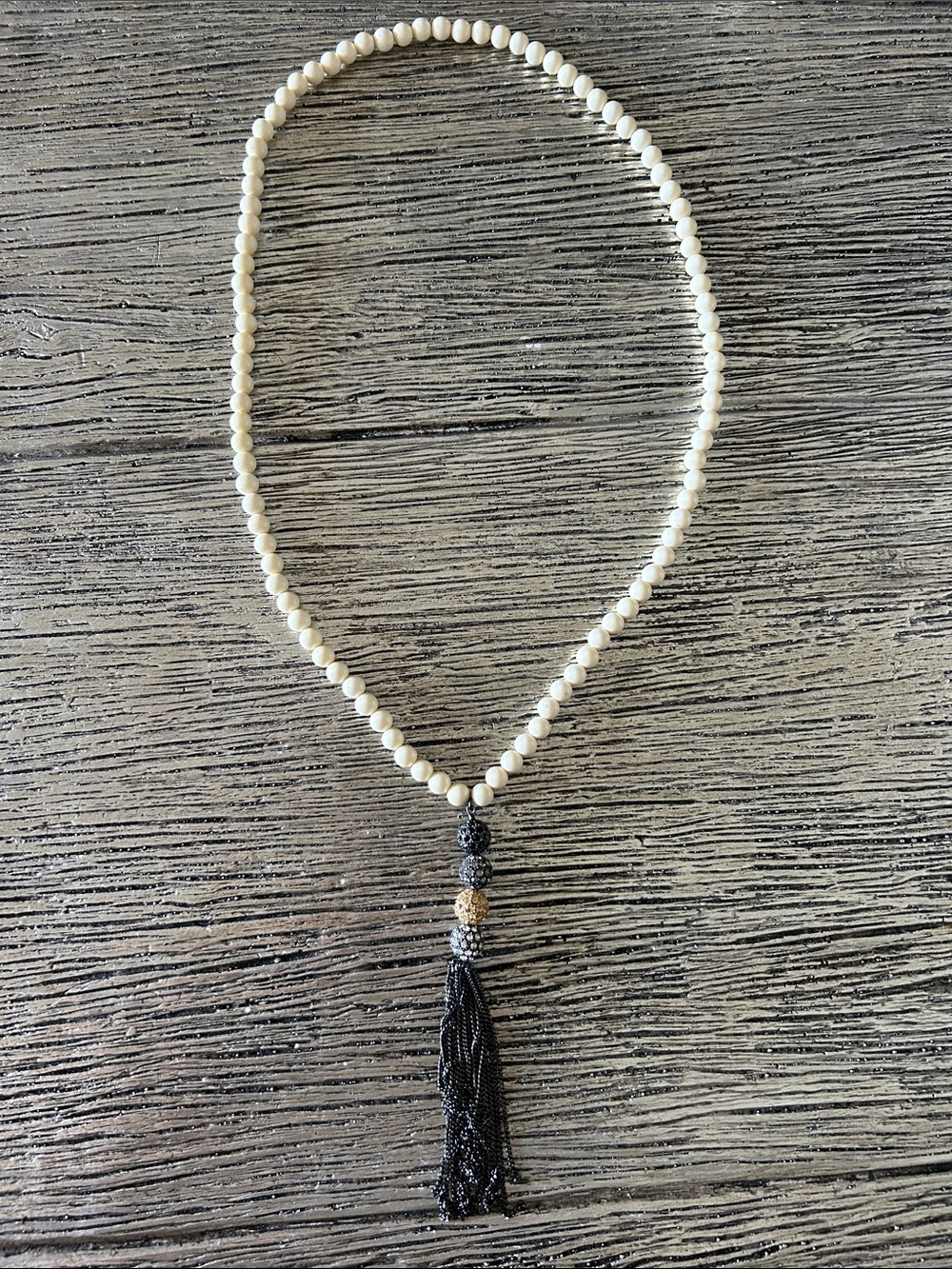 Retired Stella & Dot Revival Tassel Necklace White Bead Pave Crystal